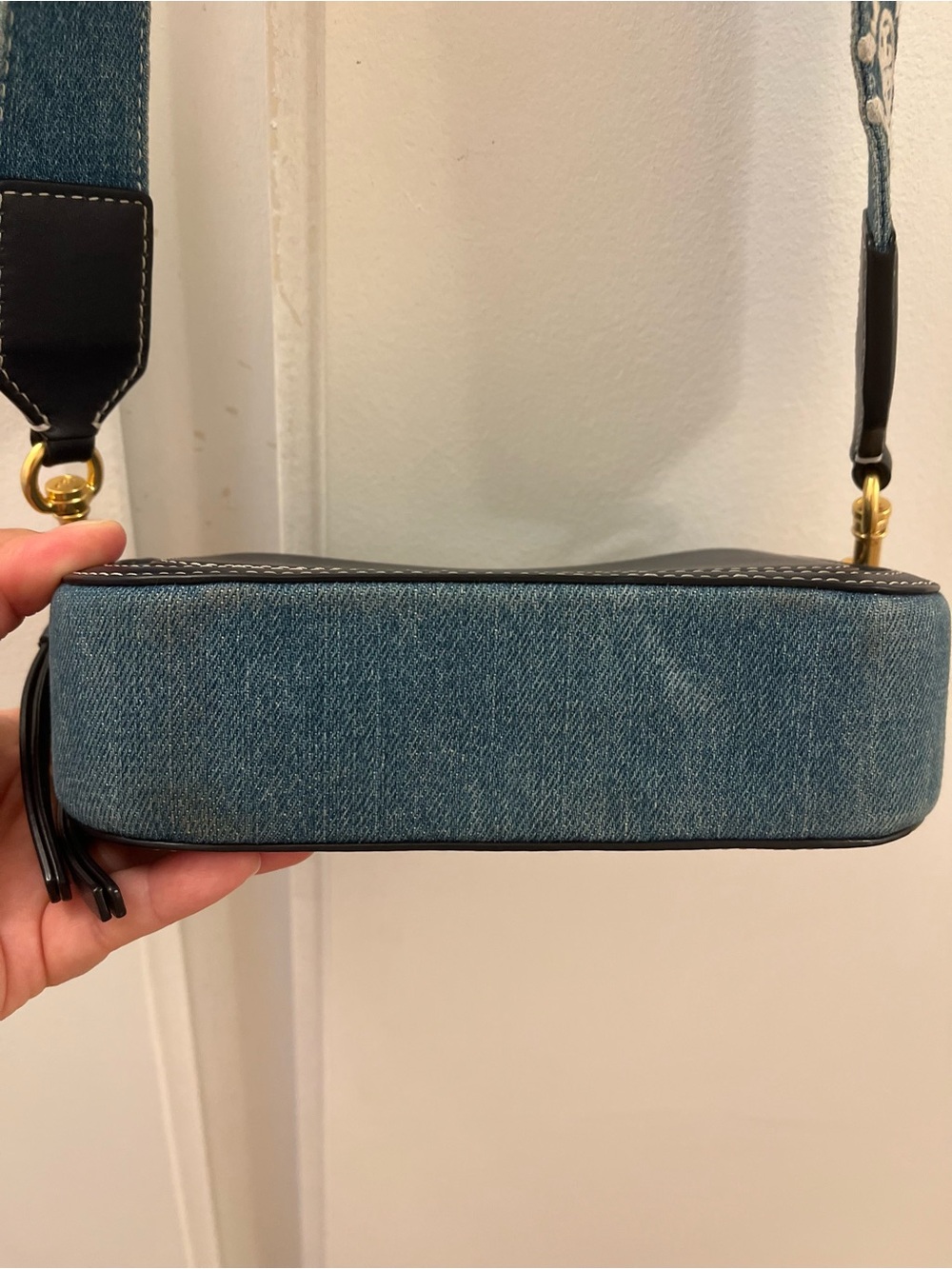 Tory Burch Mini Miller Denim Crossbody Bag Navy Leather Trim Logo Strap - Picture 7 of 12